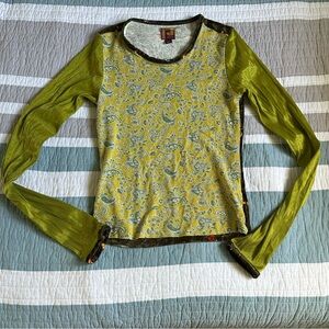 Vintage Y2K 2000 Green Paisley Velvet Mesh Long Sleeve Shirt M Paris JNCO